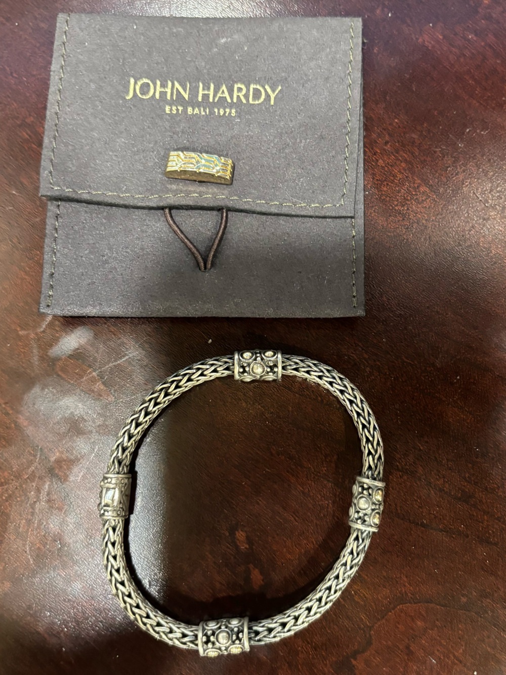 John Hardy Silver and Gold Braided Station Bracelet with Decorative Beads - Picture 4 of 10